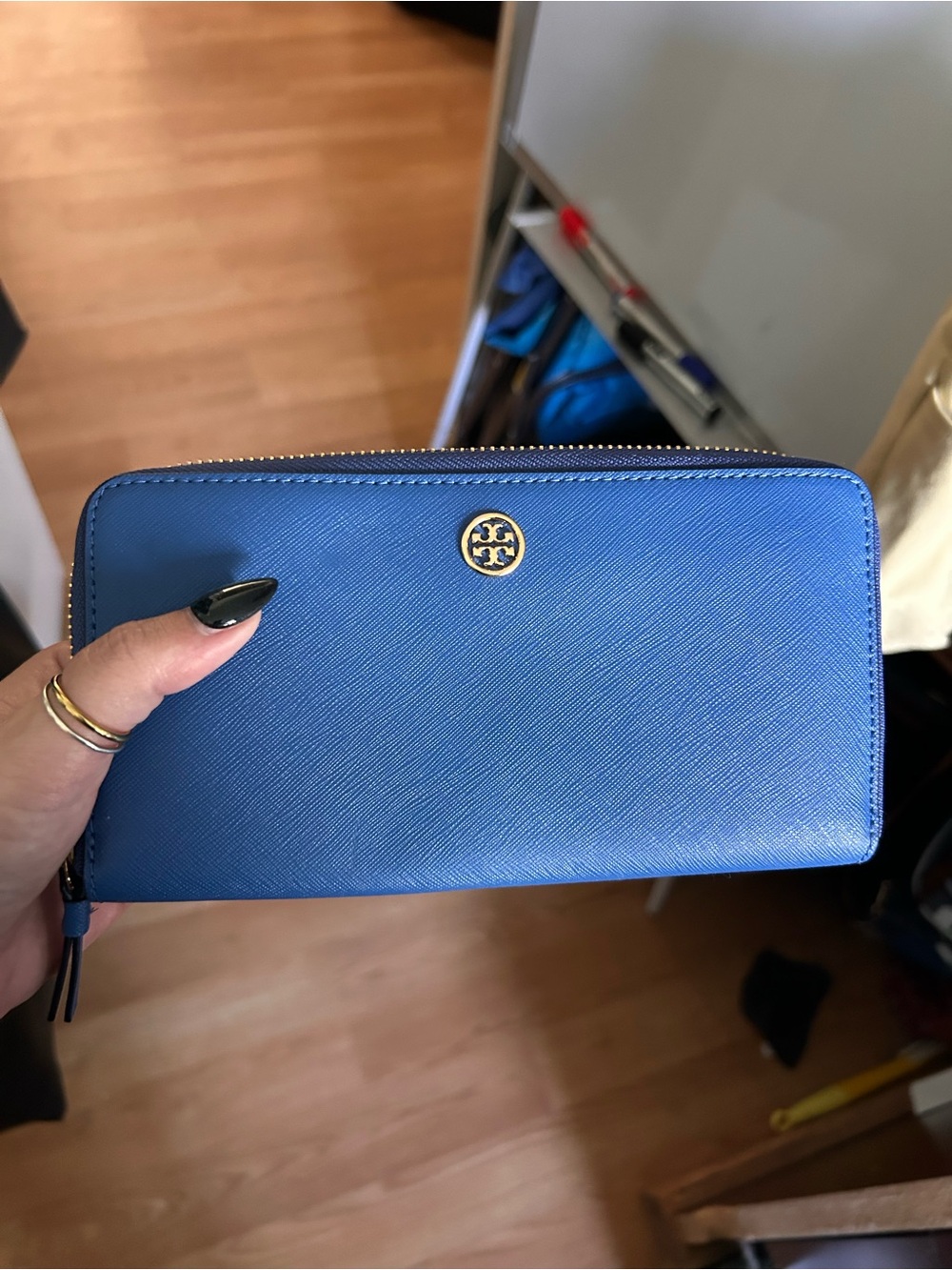 Tory Burch Cobalt Blue Zip Wallet with Gold Logo